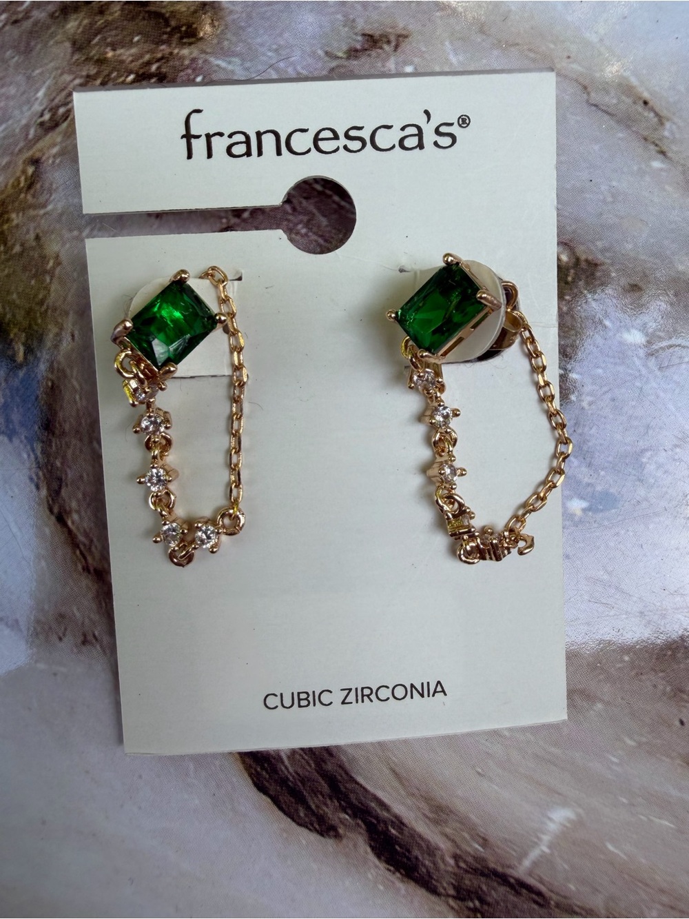 Francesca's Collections Gold-Tone Drop Earrings with Deep Green Stones